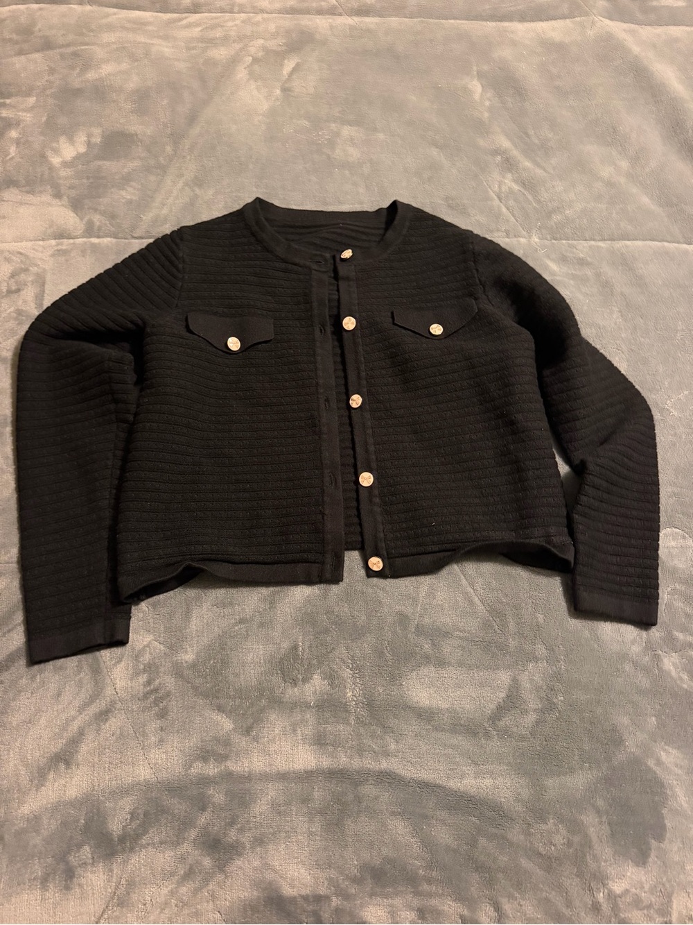 Amazon Black Ribbed Cardigan with Gold Buttons - Picture 2 of 2